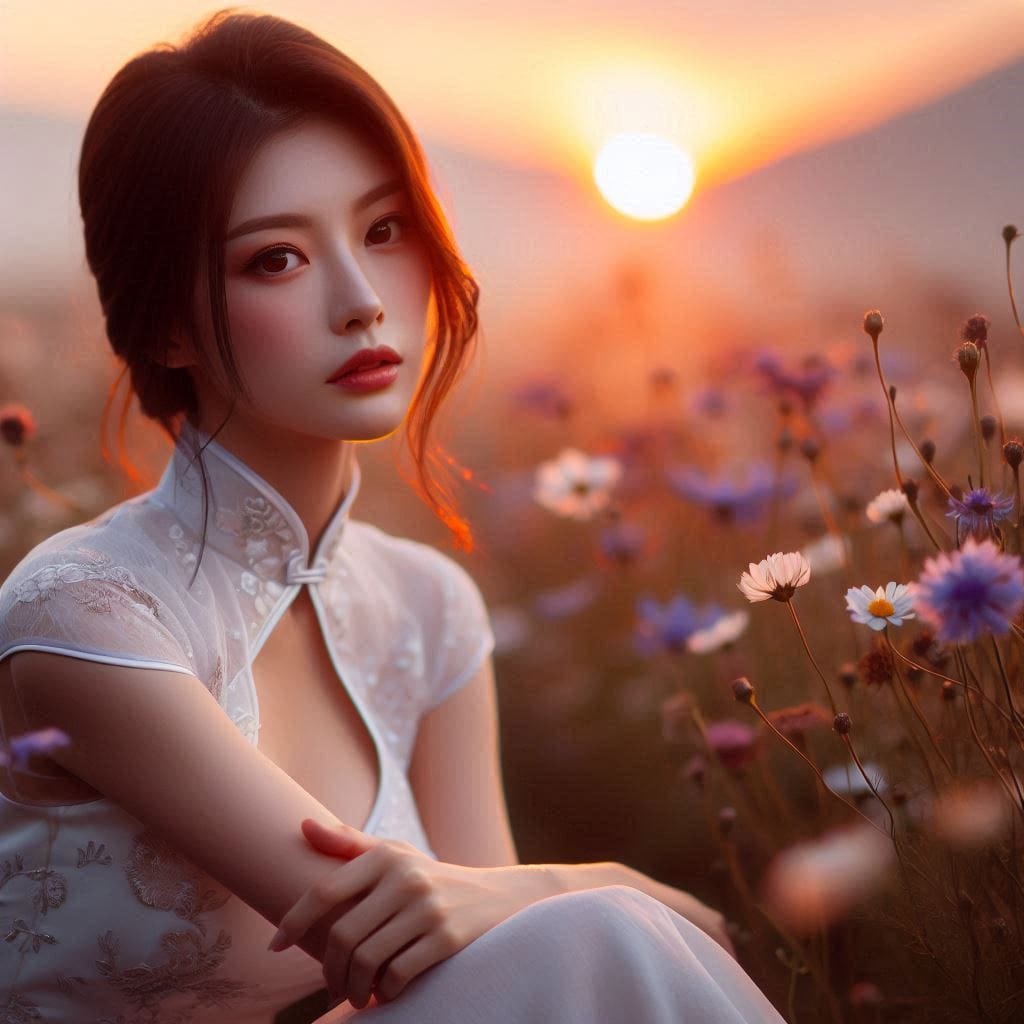 Girl in a cheongsam at sunset