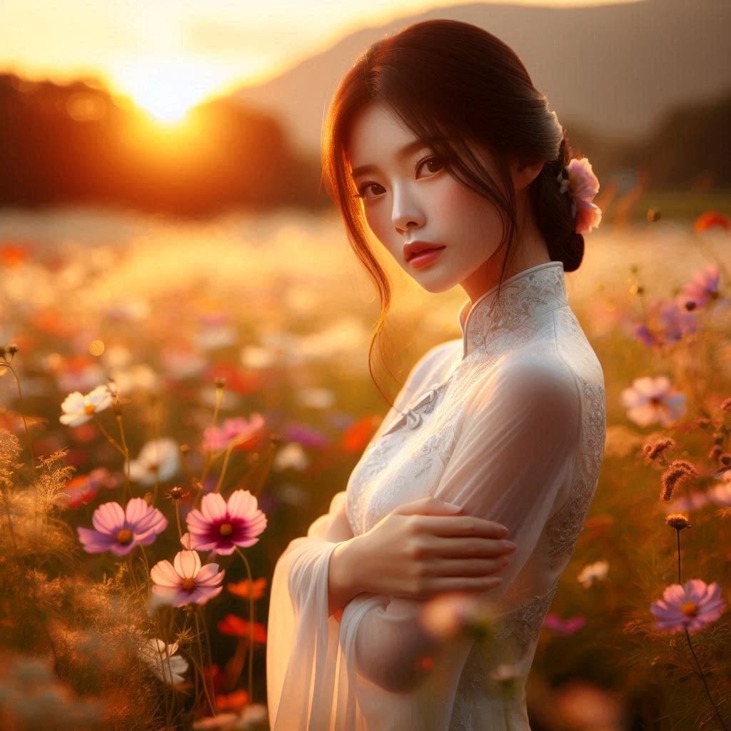 Girl in a cheongsam at sunset