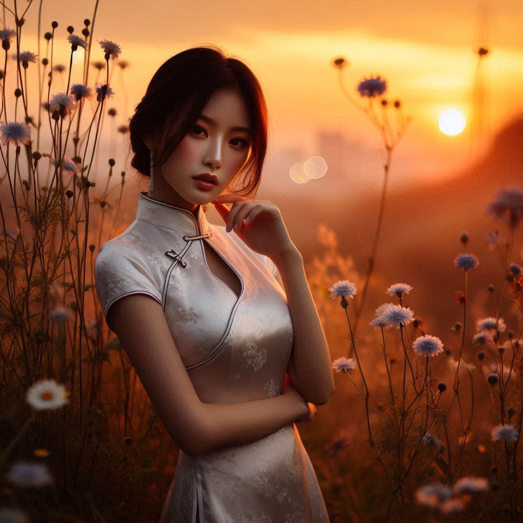 Girl in a cheongsam at sunset