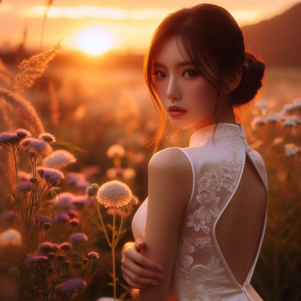 Girl in a cheongsam at sunset