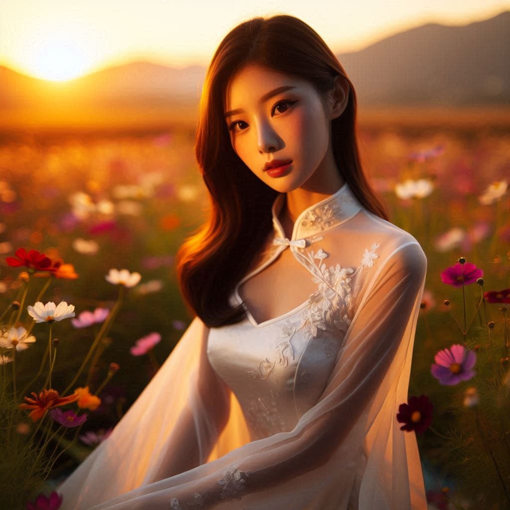 Girl in a cheongsam at sunset