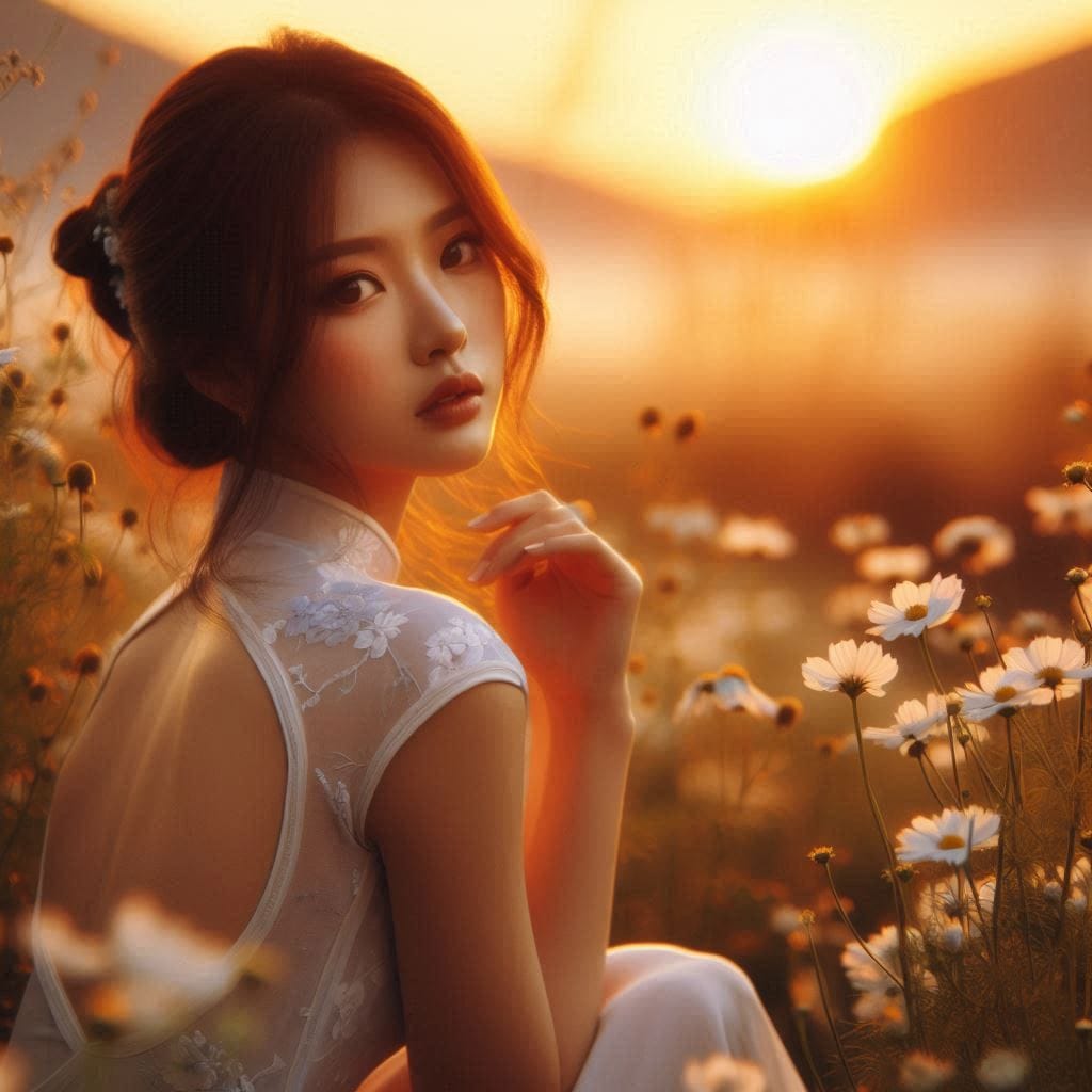 Girl in a cheongsam at sunset
