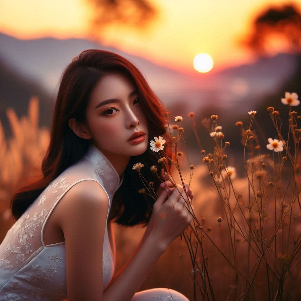 Girl in a cheongsam at sunset