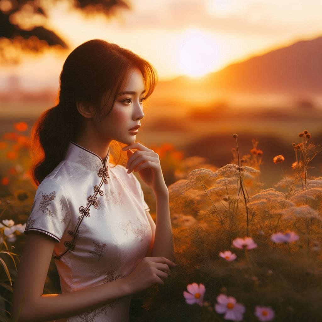 Girl in a cheongsam at sunset