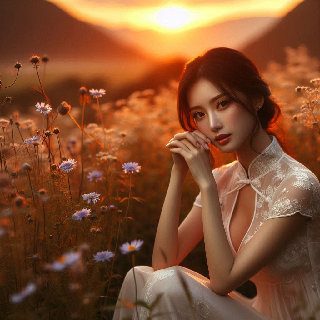 Girl in a cheongsam at sunset