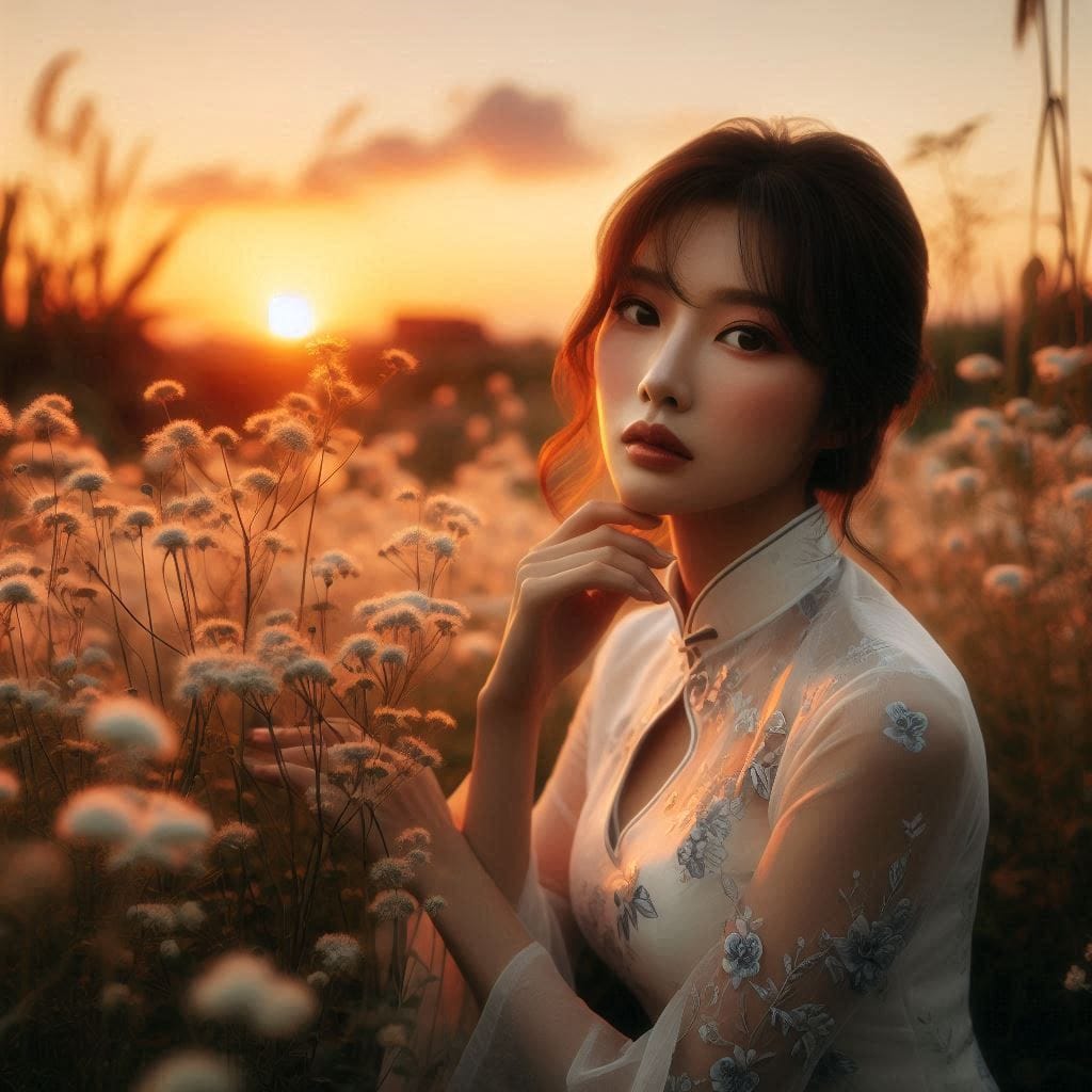Girl in a cheongsam at sunset