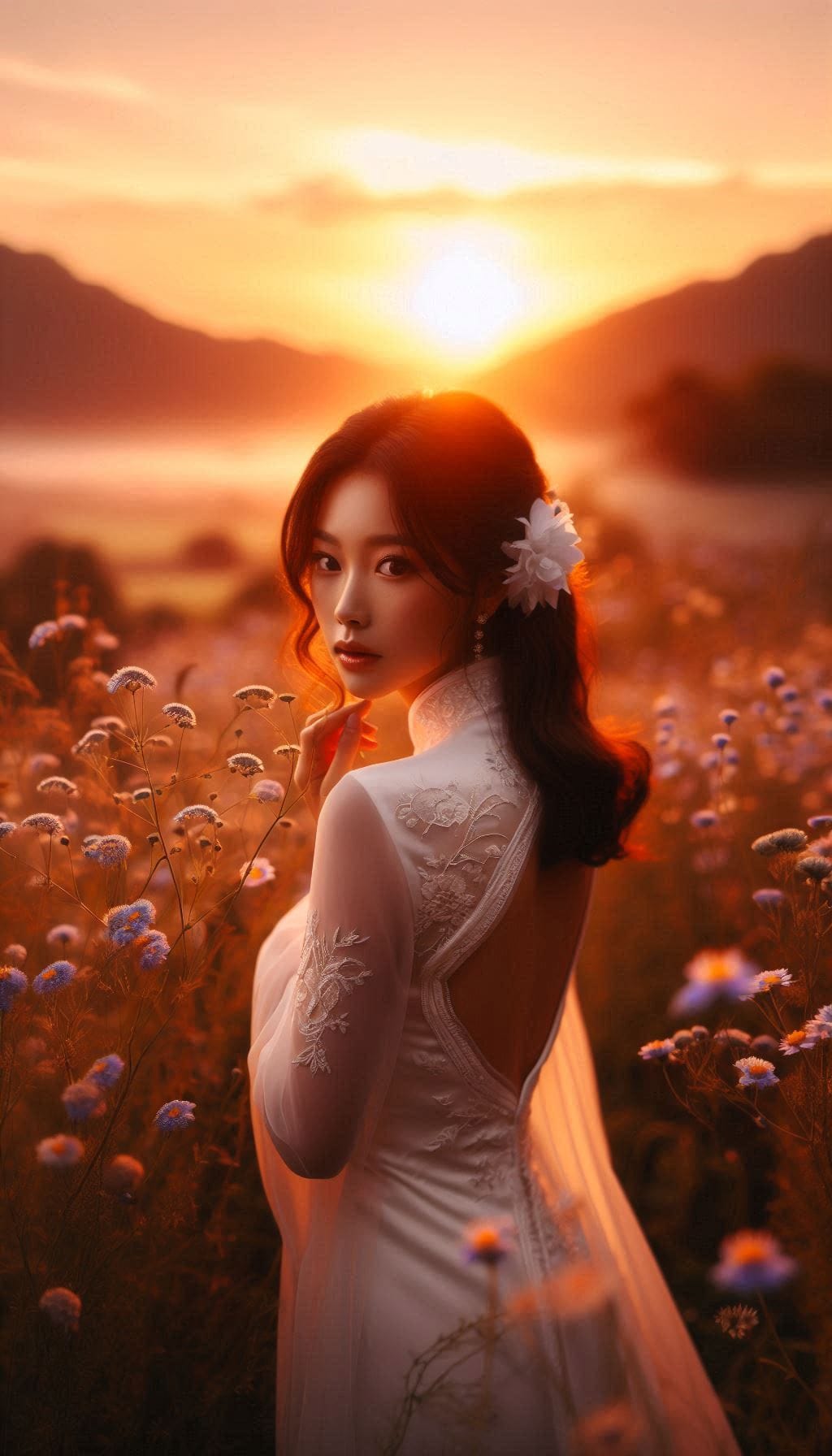 Girl in a cheongsam at sunset