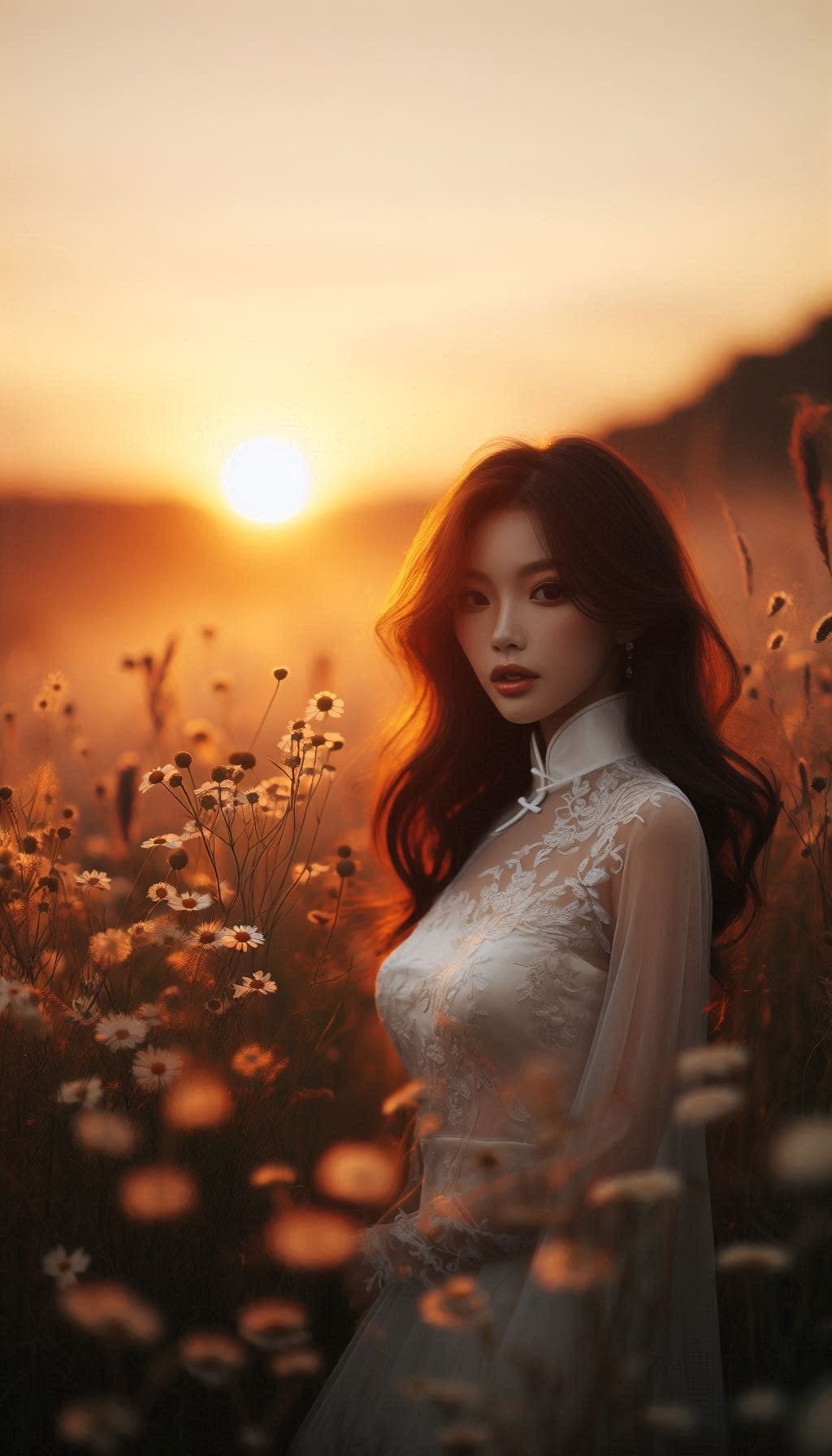 Girl in a cheongsam at sunset