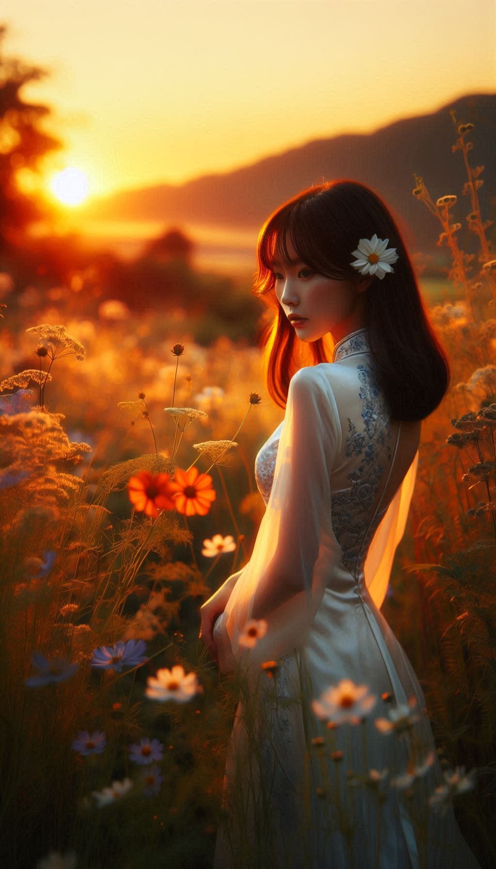 Girl in a cheongsam at sunset