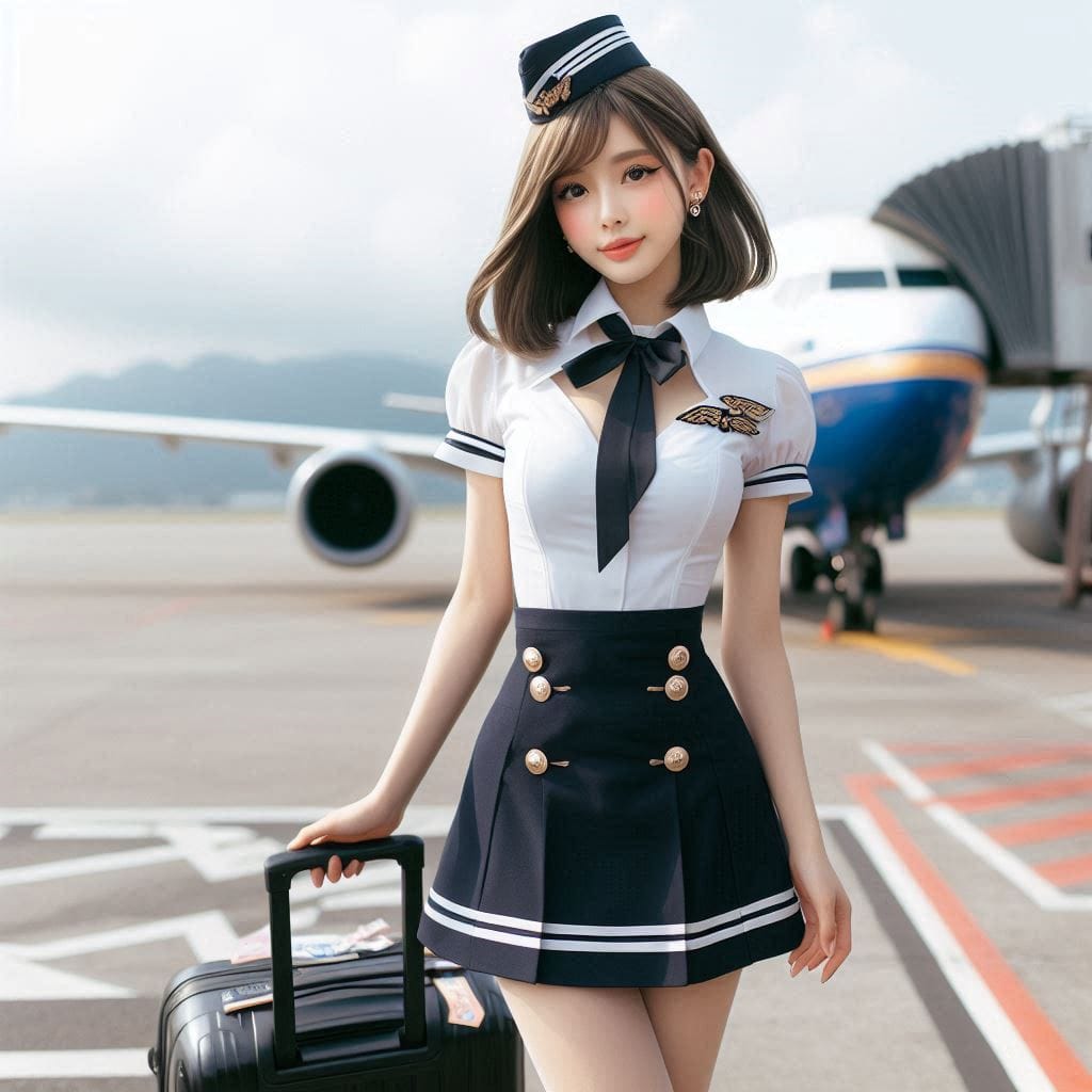 Wearing a stewardess costume, getting off a plane, holding a suitcase in your
