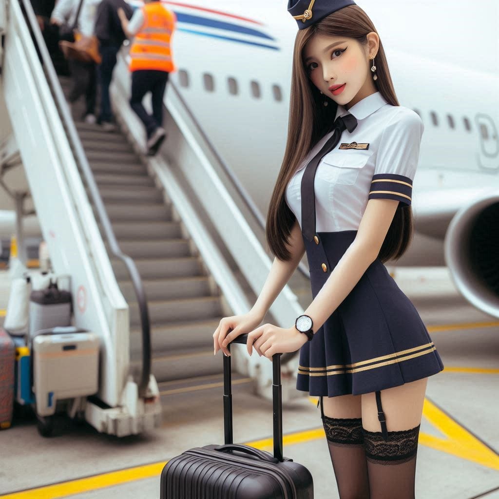 Wearing a stewardess costume, getting off a plane, holding a suitcase in your