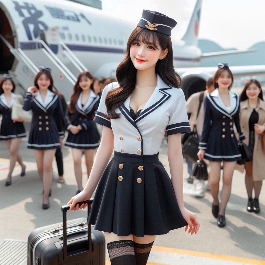 Wearing a stewardess costume, getting off a plane, holding a suitcase in your