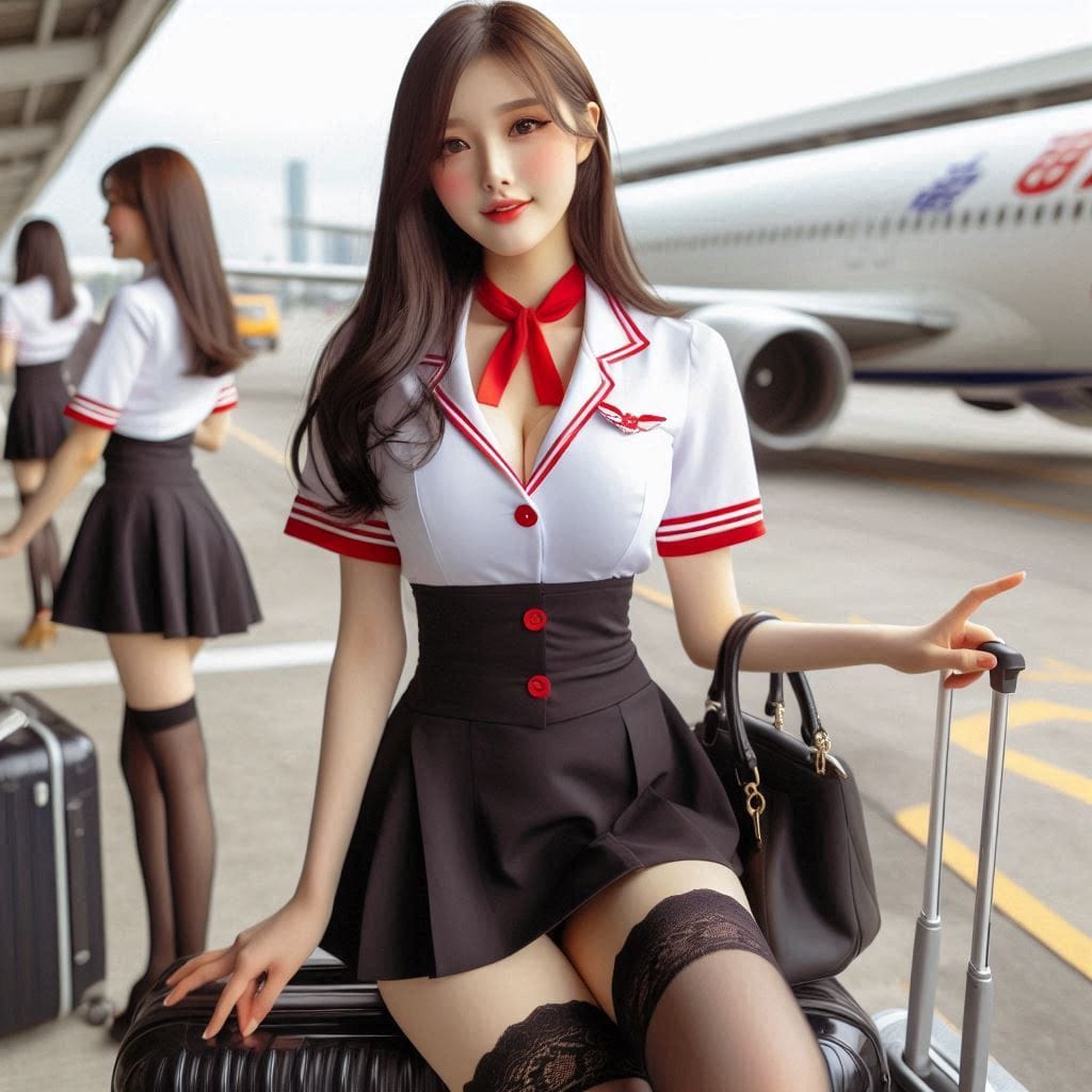 Wearing a stewardess costume, getting off a plane, holding a suitcase in your