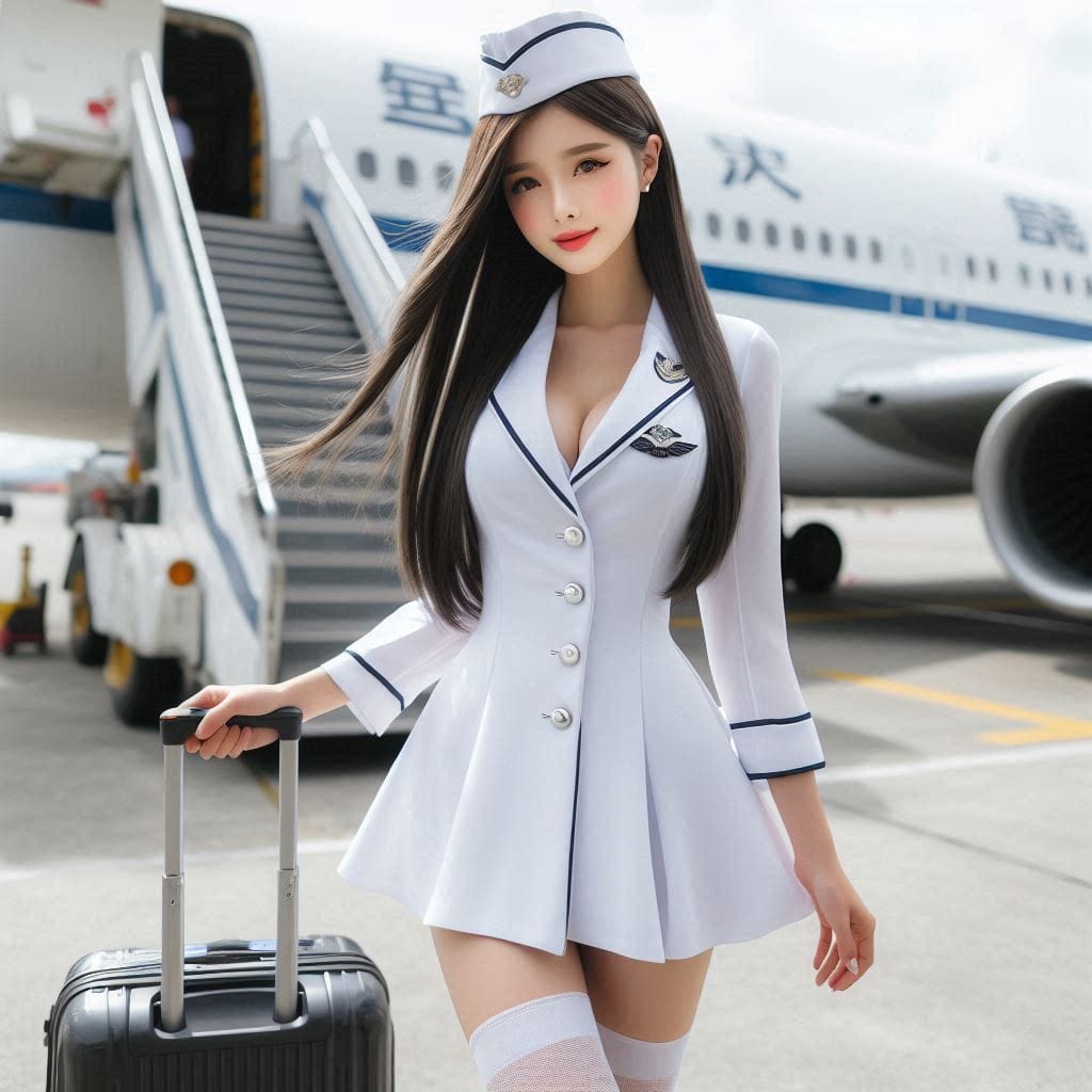 Wearing a stewardess costume, getting off a plane, holding a suitcase in your