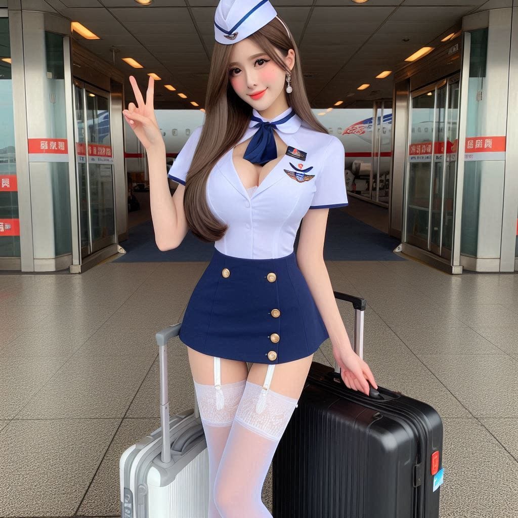 Wearing a stewardess costume, getting off a plane, holding a suitcase in your
