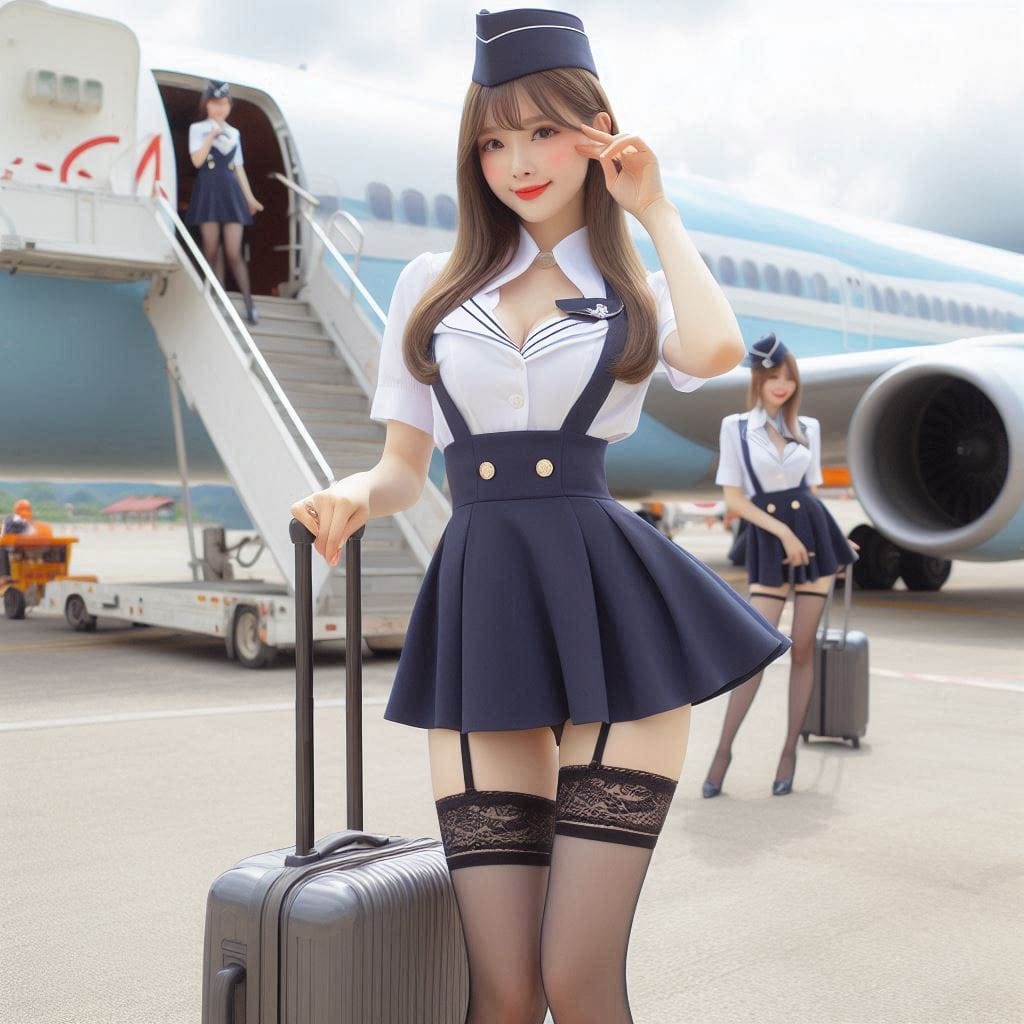 Wearing a stewardess costume, getting off a plane, holding a suitcase in your