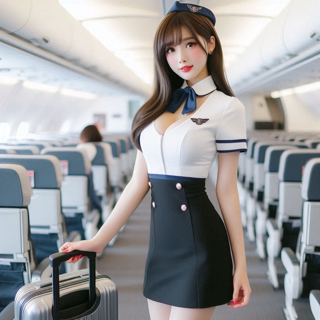 Wearing a stewardess costume, getting off a plane, holding a suitcase in your