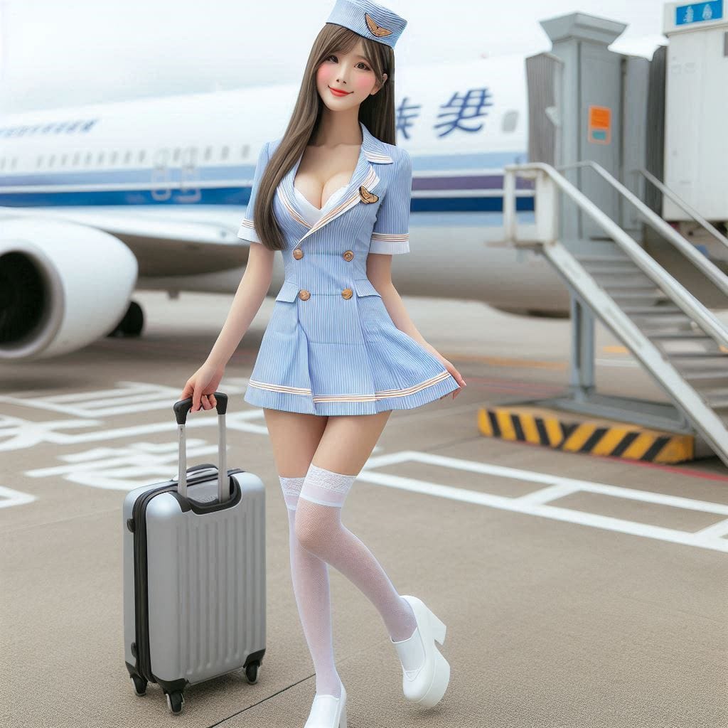 Wearing a stewardess costume, getting off a plane, holding a suitcase in your