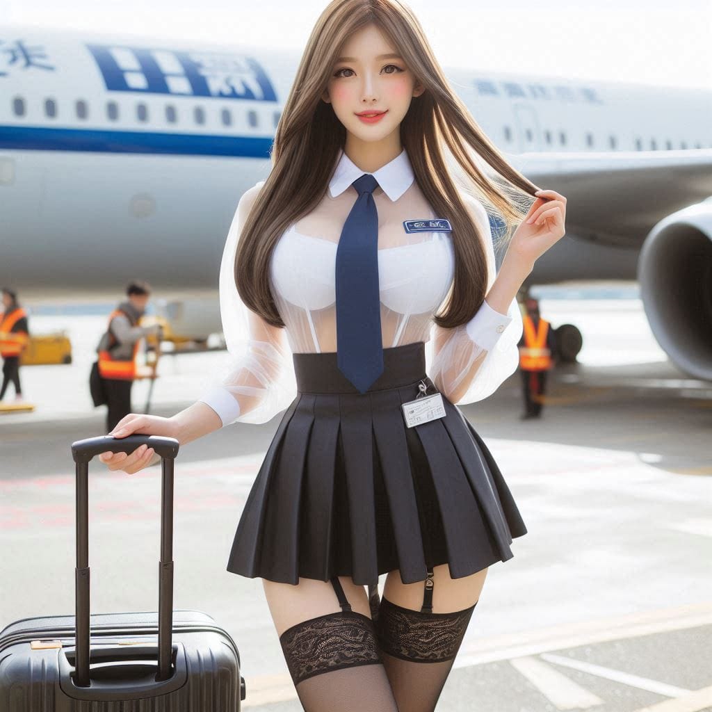 Wearing a stewardess costume, getting off a plane, holding a suitcase in your