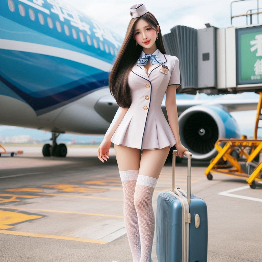Wearing a stewardess costume, getting off a plane, holding a suitcase in your