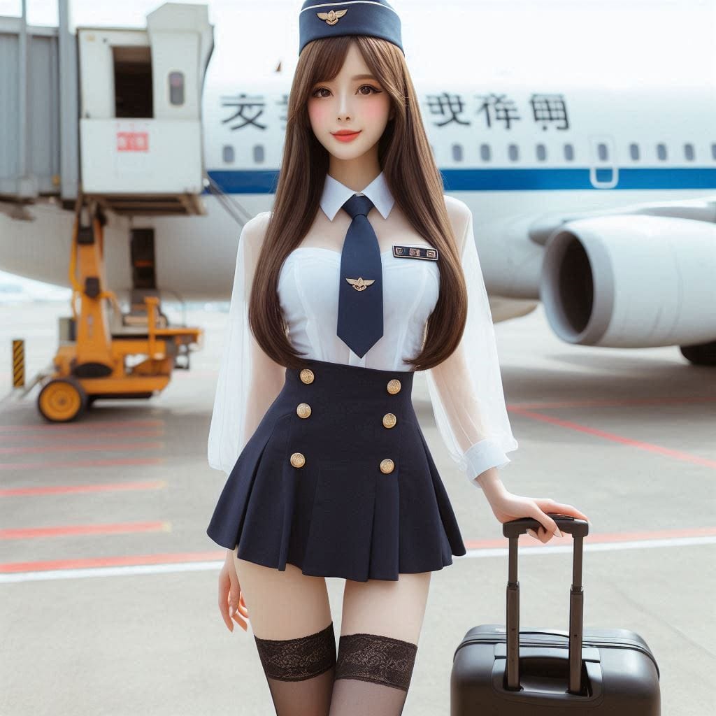 Wearing a stewardess costume, getting off a plane, holding a suitcase in your
