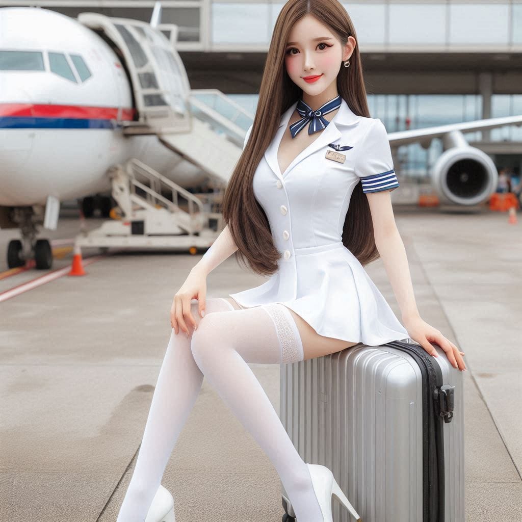Wearing a stewardess costume, getting off a plane, holding a suitcase in your
