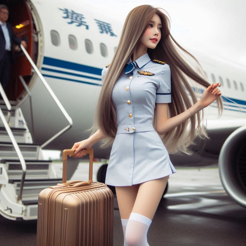 Wearing a stewardess costume, getting off a plane, holding a suitcase in your