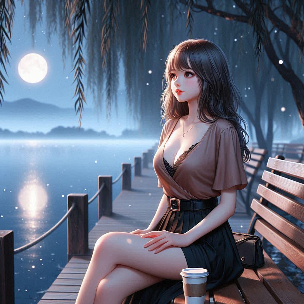Night by the lake. Charming moon