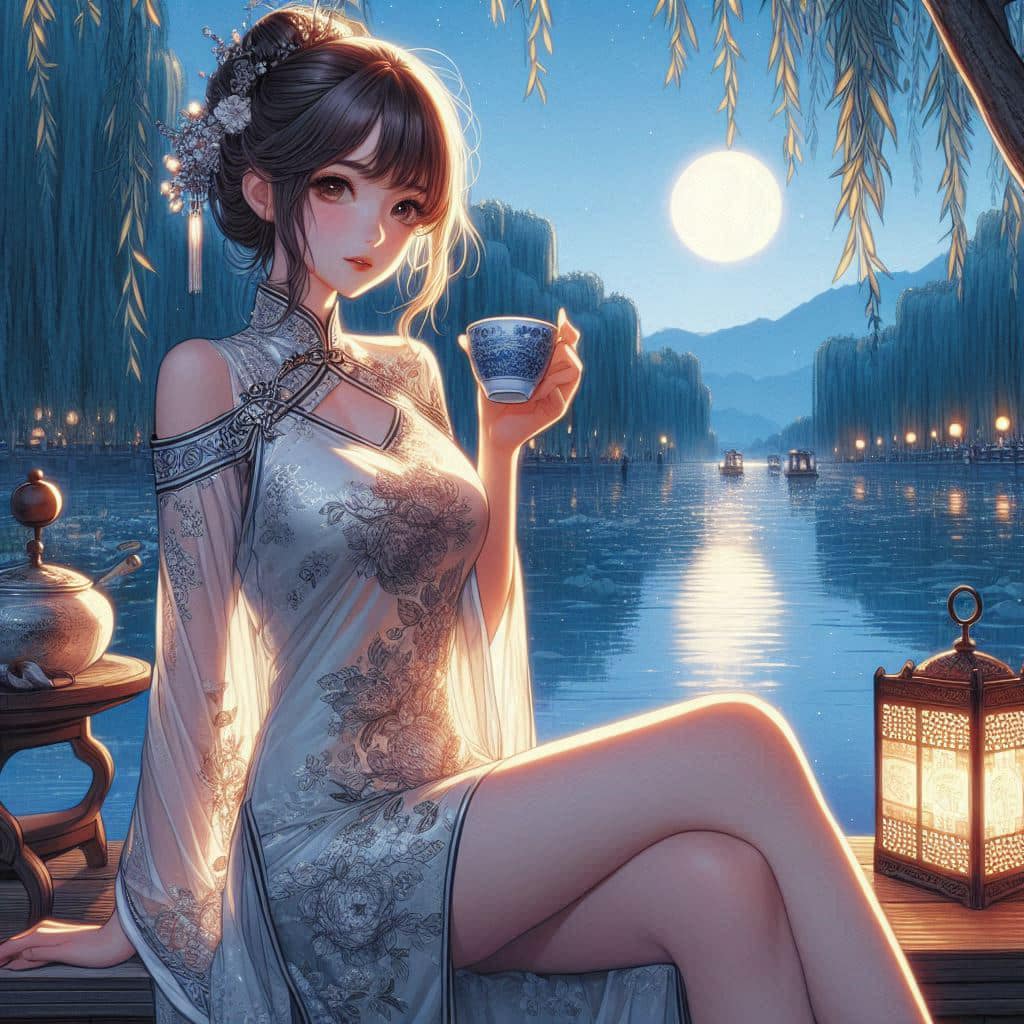 Night by the lake. Charming moon