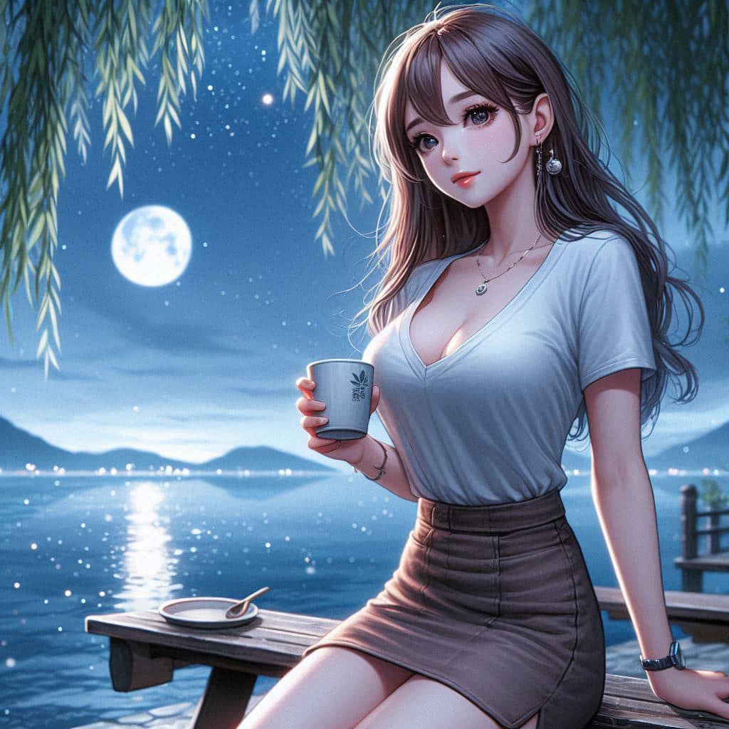 Night by the lake. Charming moon