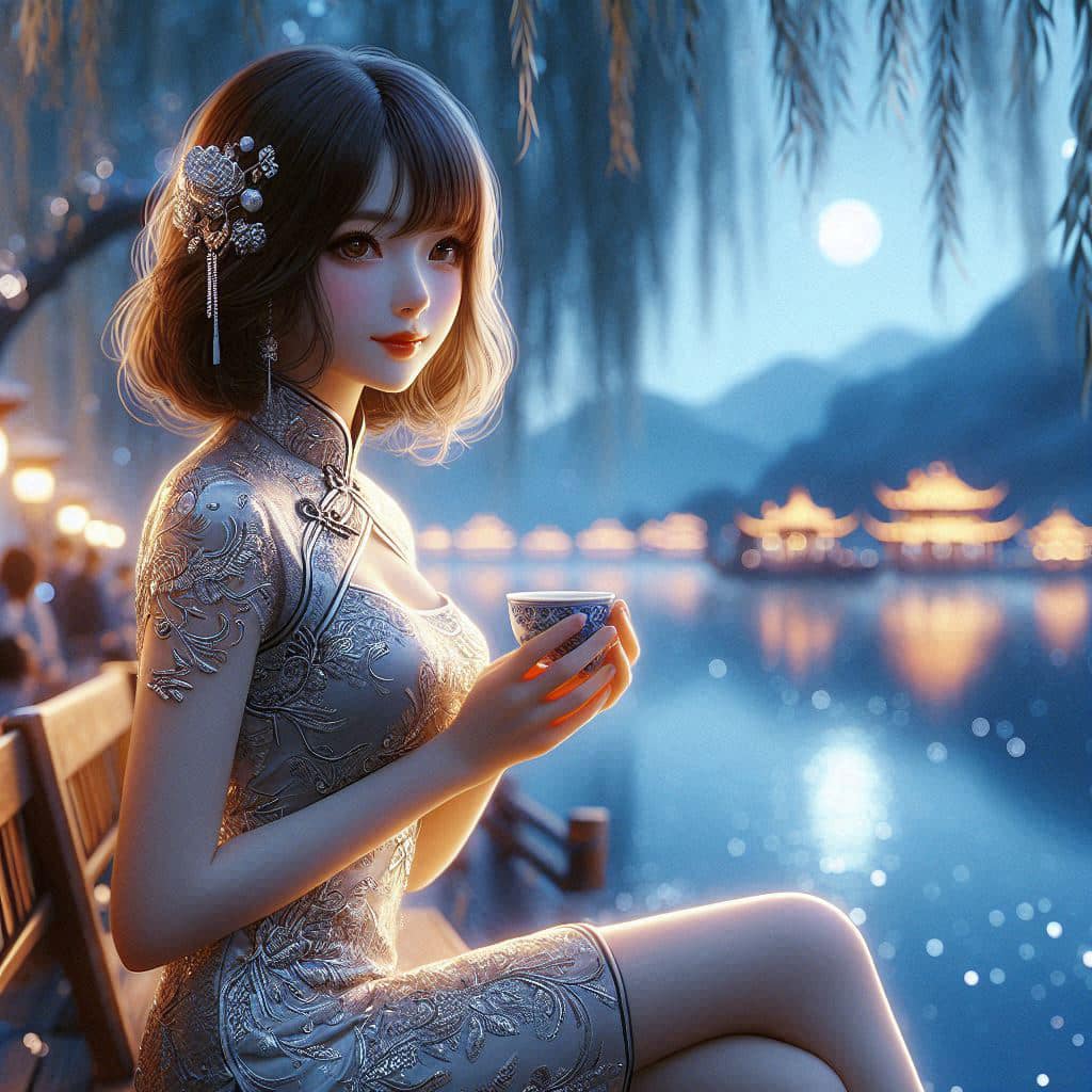 Night by the lake. Charming moon