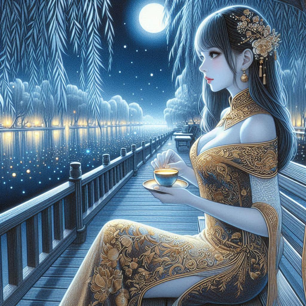 Night by the lake. Charming moon
