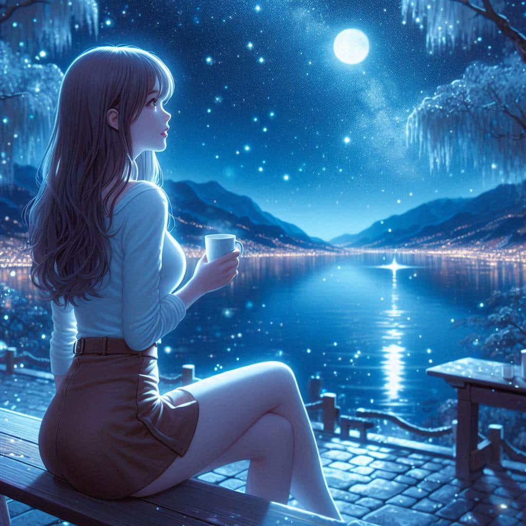 Night by the lake. Charming moon