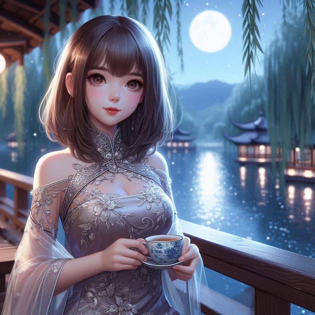 Night by the lake. Charming moon