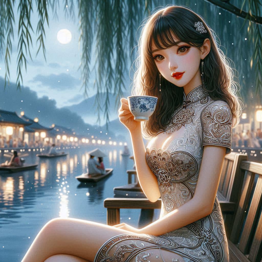 Night by the lake. Charming moon