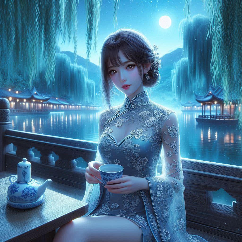 Night by the lake. Charming moon