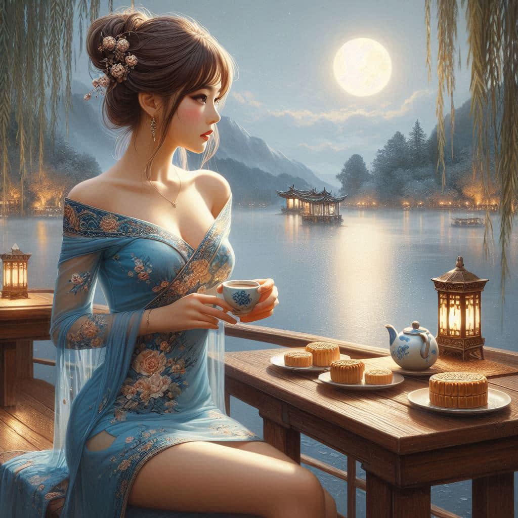 Night by the lake. Charming moon