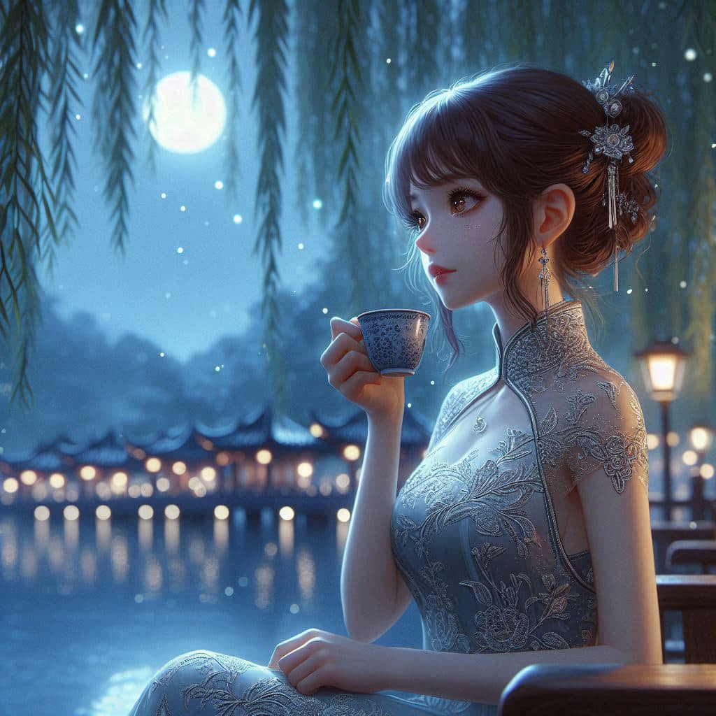 Night by the lake. Charming moon