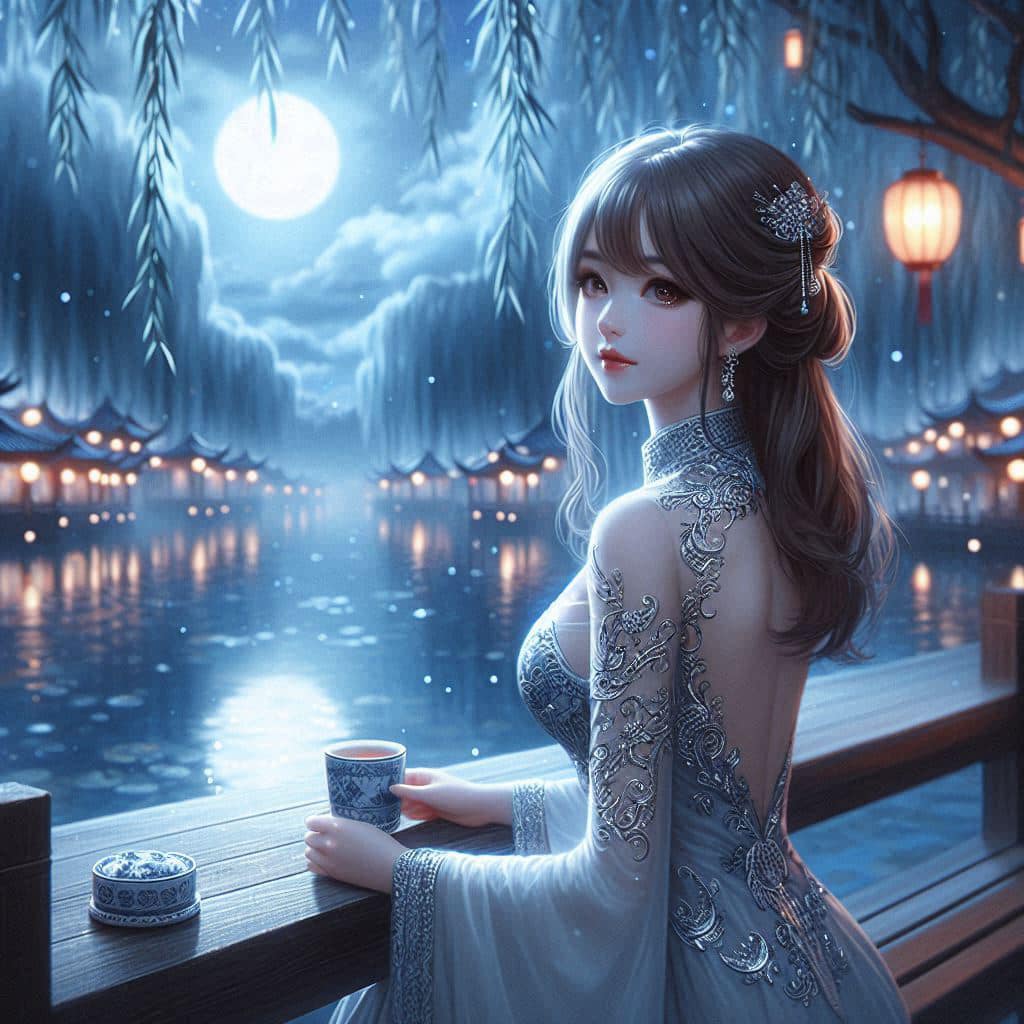Night by the lake. Charming moon