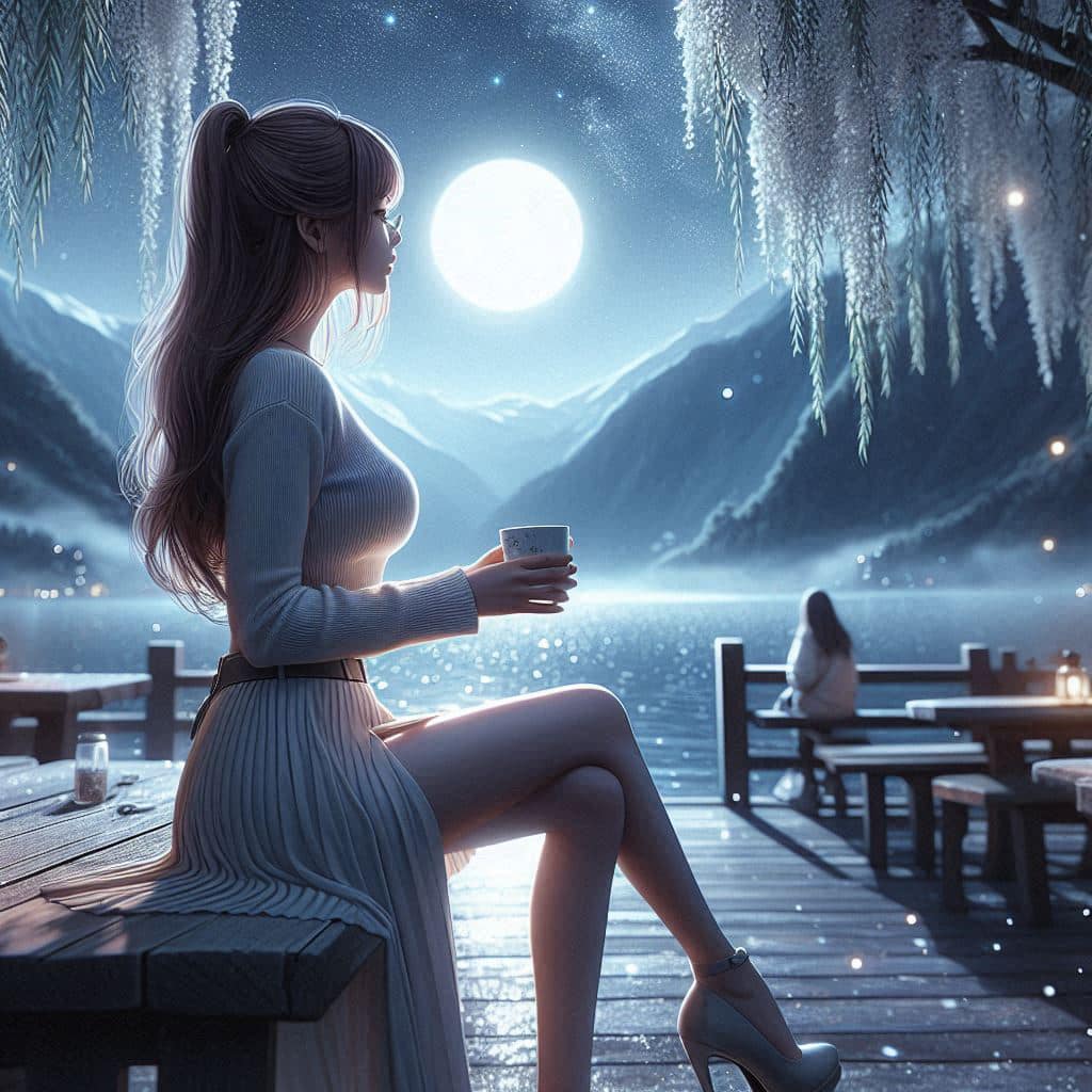 Night by the lake. Charming moon
