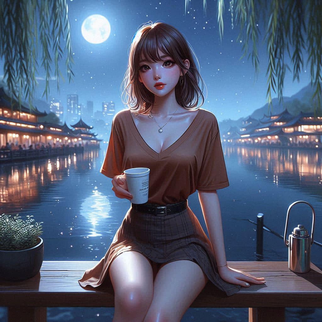 Night by the lake. Charming moon