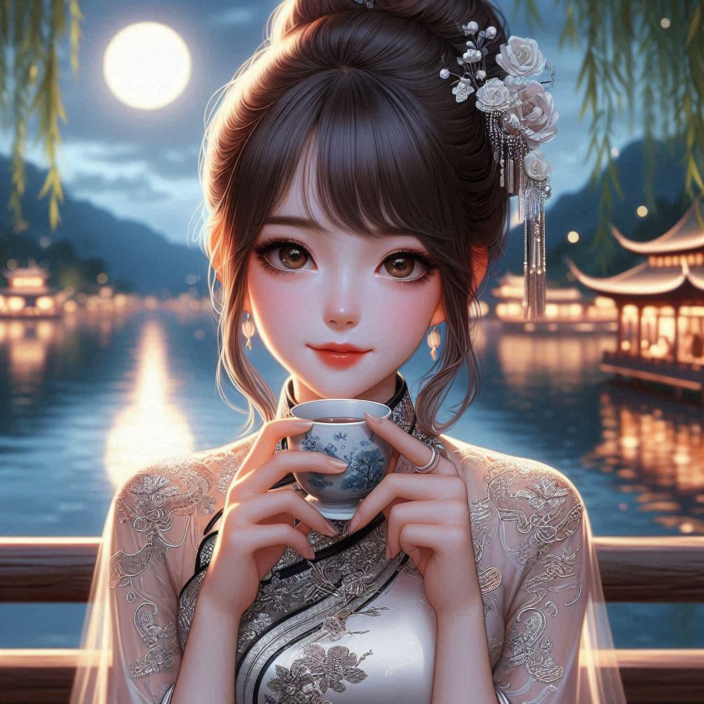 Night by the lake. Charming moon