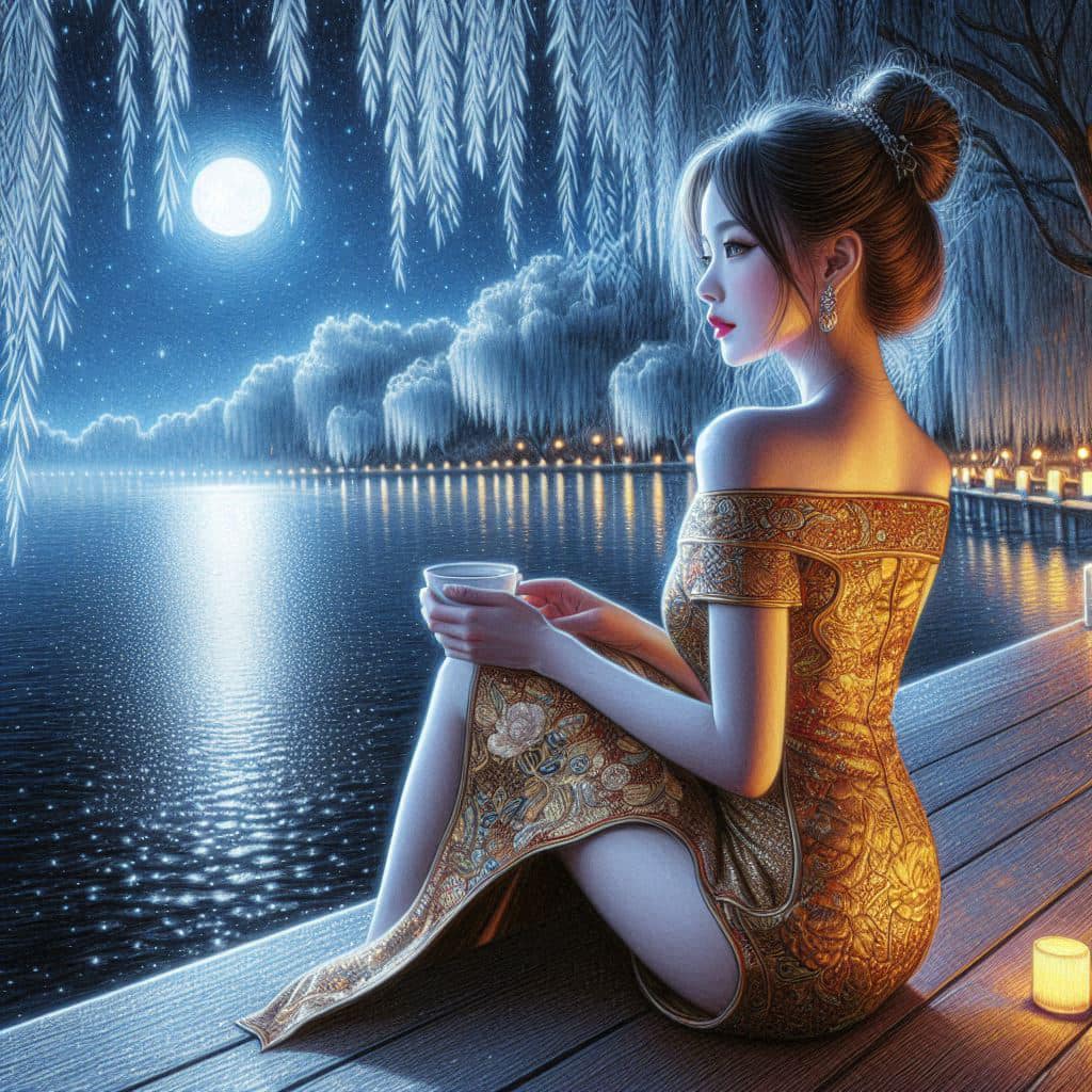 Night by the lake. Charming moon