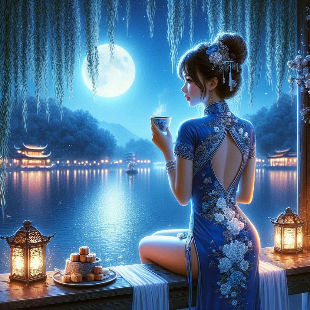 Night by the lake. Charming moon
