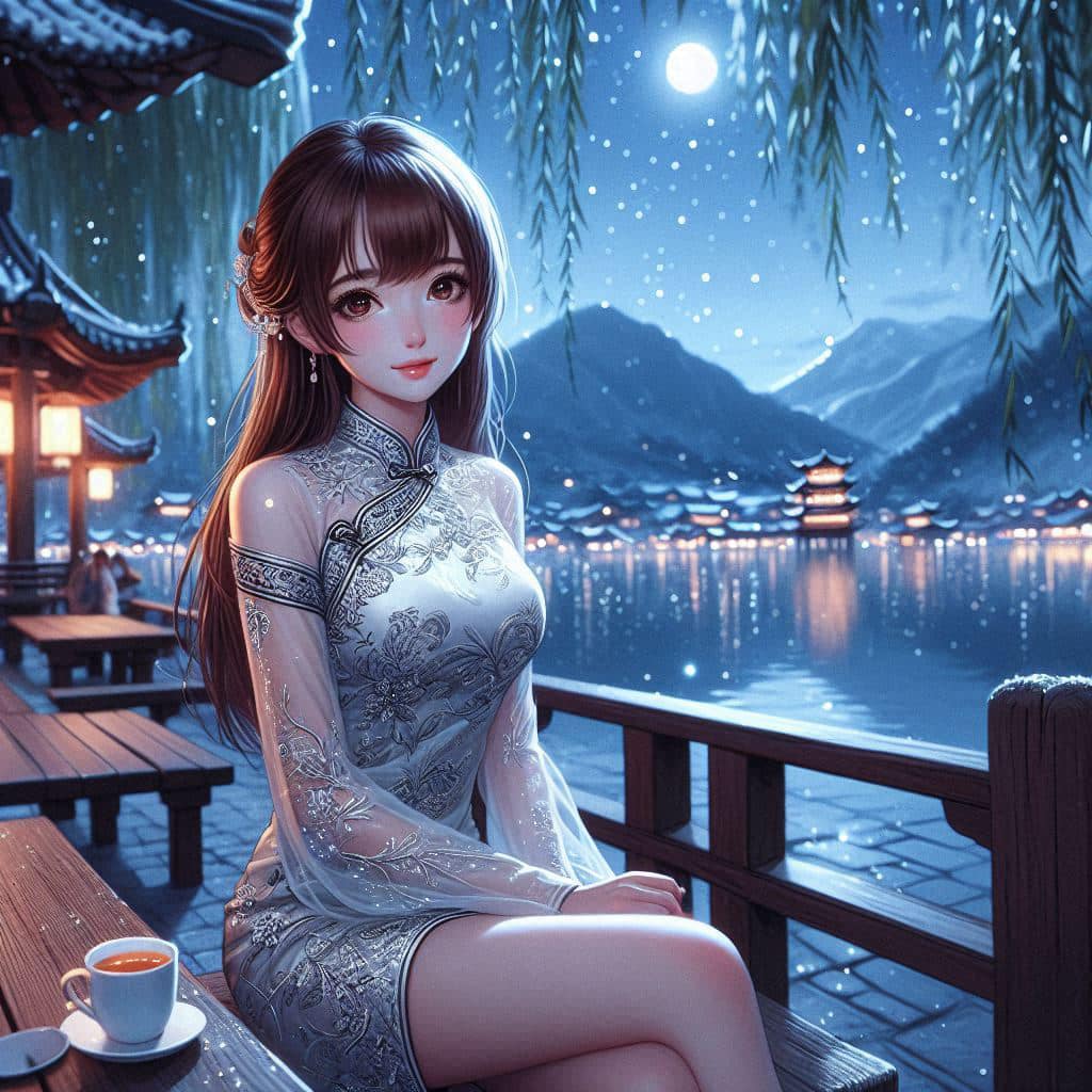 Night by the lake. Charming moon