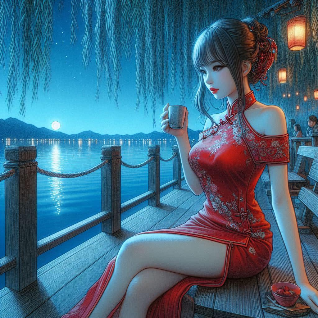 Night by the lake. Charming moon