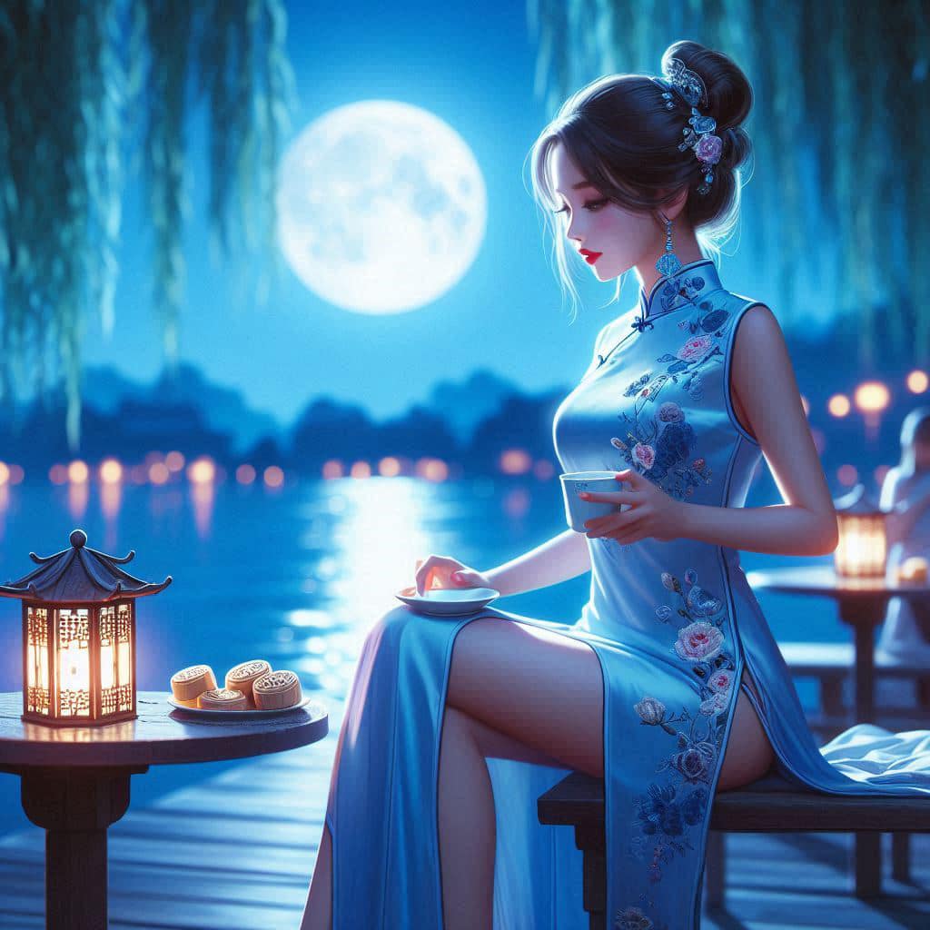 Night by the lake. Charming moon