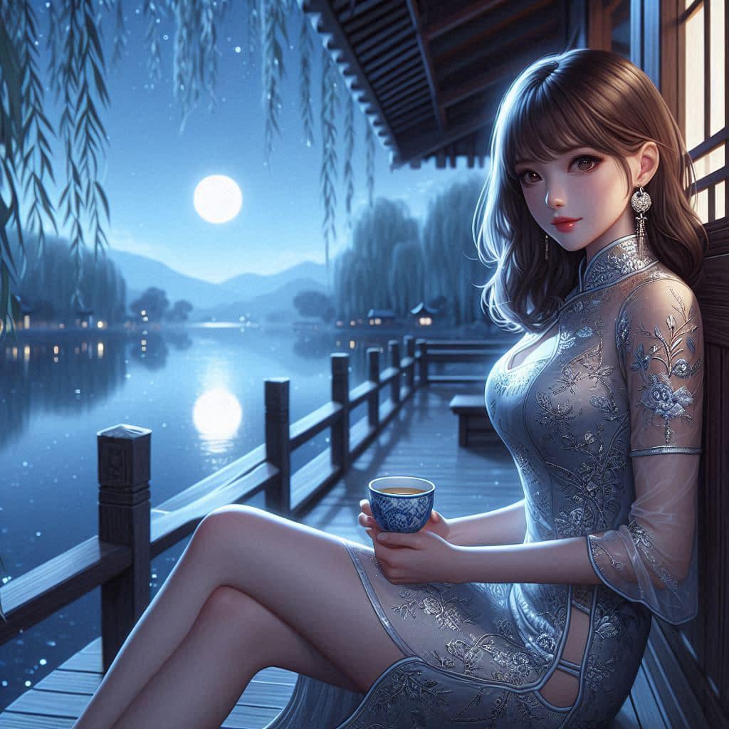 Night by the lake. Charming moon