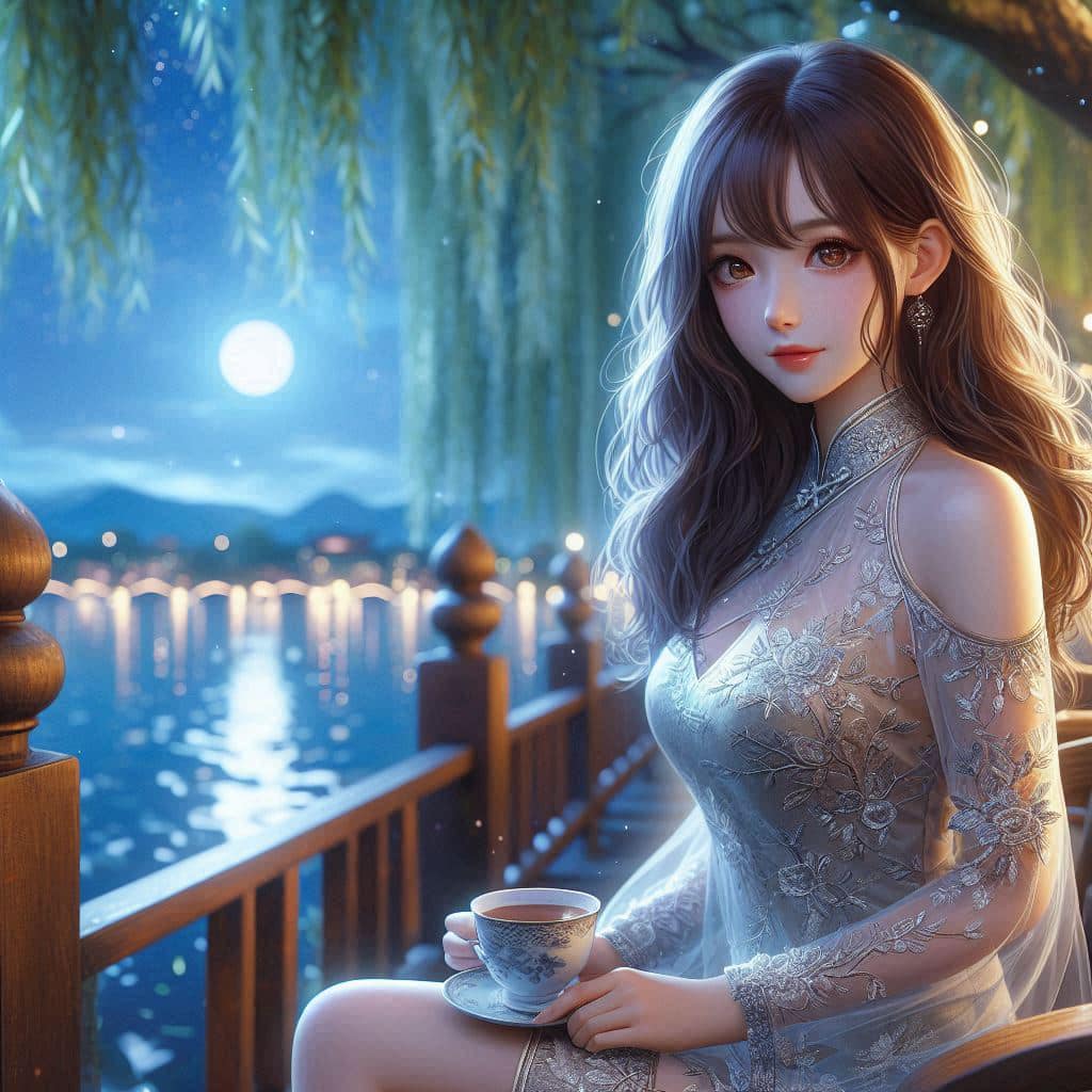 Night by the lake. Charming moon