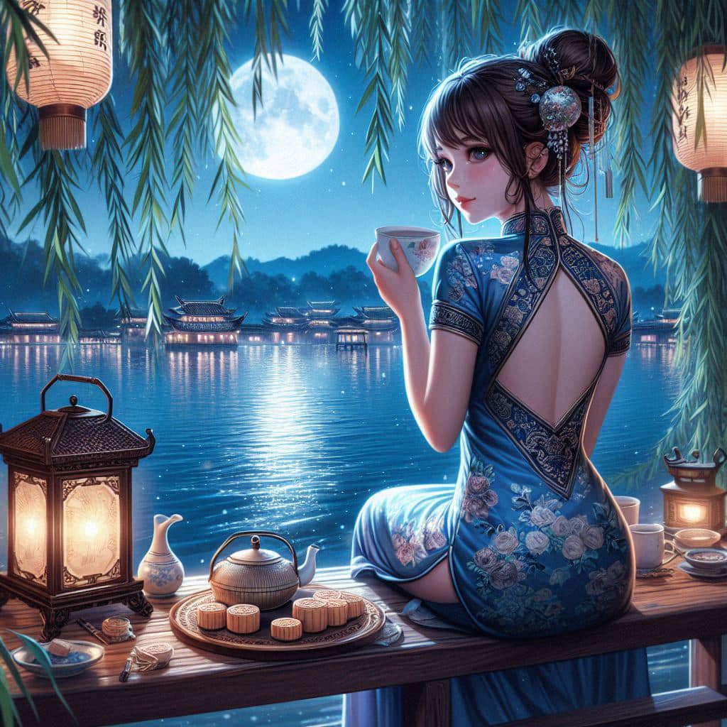 Night by the lake. Charming moon